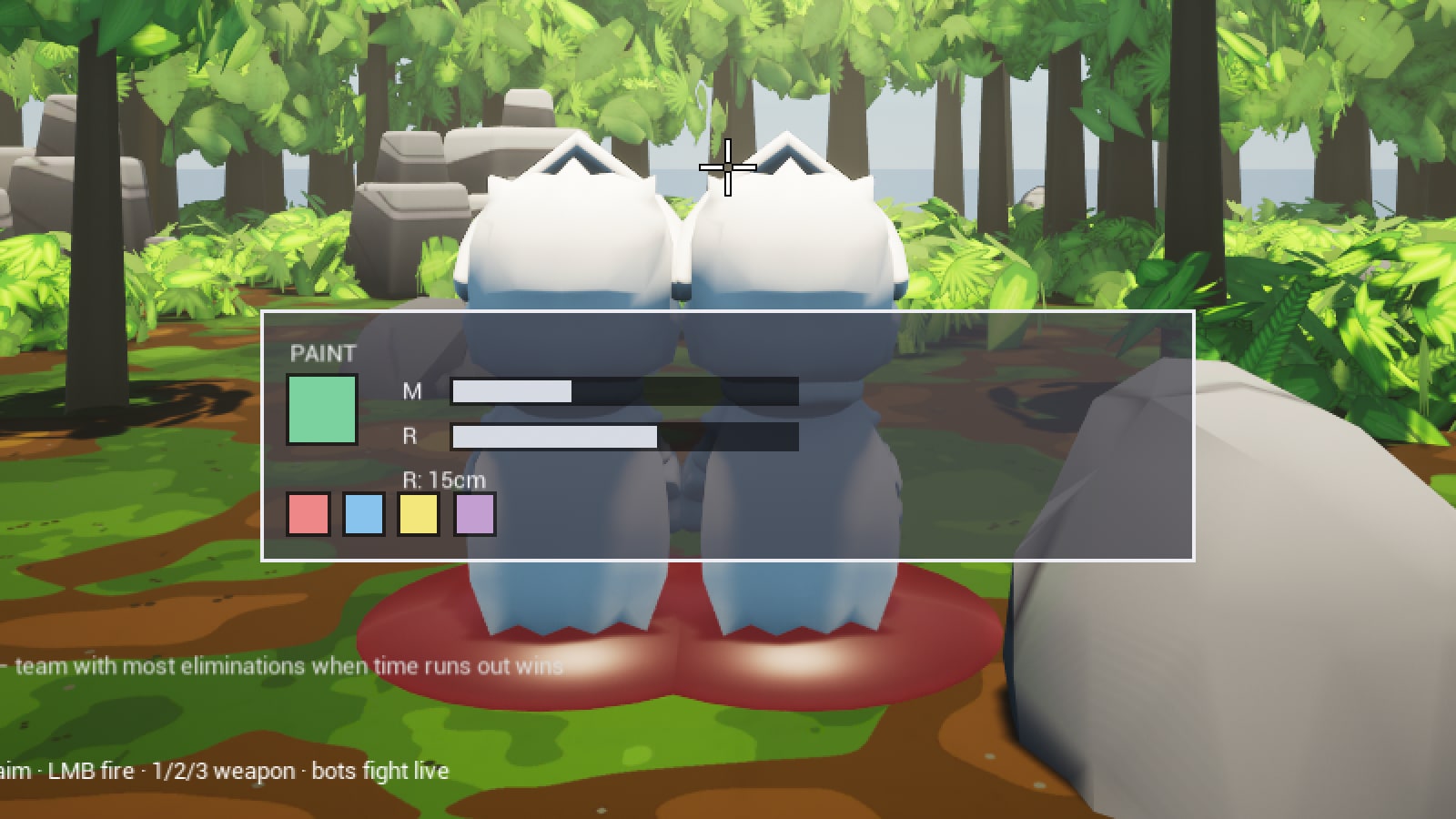 密林アリーナで対峙する機体とペイント調整 UI(投擲前の間合い)